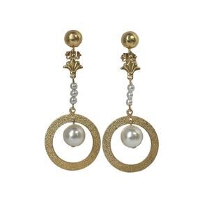 1980s Gilded Glam Faux Pearl Circular Drop Deco Inspired Dangle Clip Earrings